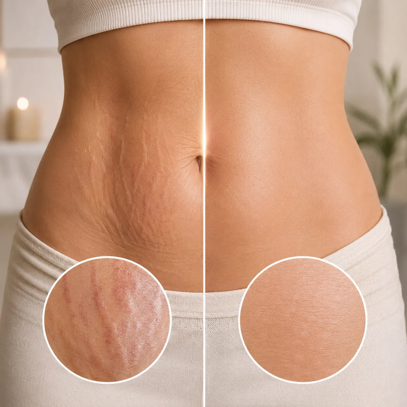 3. Reafirma la piel flácida del abdomen postparto a la vez que suaviza la apariencia de las estrías, rojas o blancas.